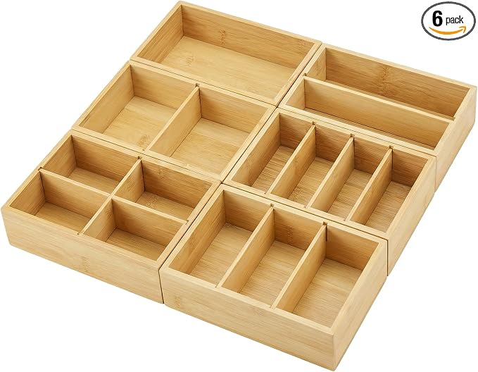 Bamboo Drawer Organizer with Removable Dividers, Fits Kitchens, Bathrooms, Desk, Utensil, Makeup (Natural, S)
