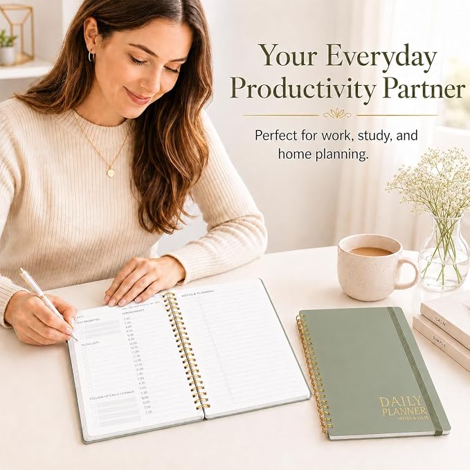 Daily Planner Undated - Simplified To Do List Notebook with Hourly Schedules, Spiral Appointment Organizer, 5.5" x 8.5", Easily Manage Your Tasks and Productivity - Green