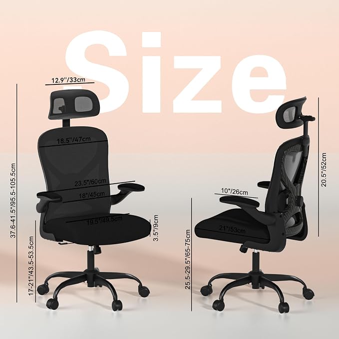 Home Office Desk Chairs, Ergonomic Office Chair with Lumbar Support & 3D Headrest, Computer Desk Chair with Flip-up Armrests, Perfect for Office or Study, Black/Carbon Fiber