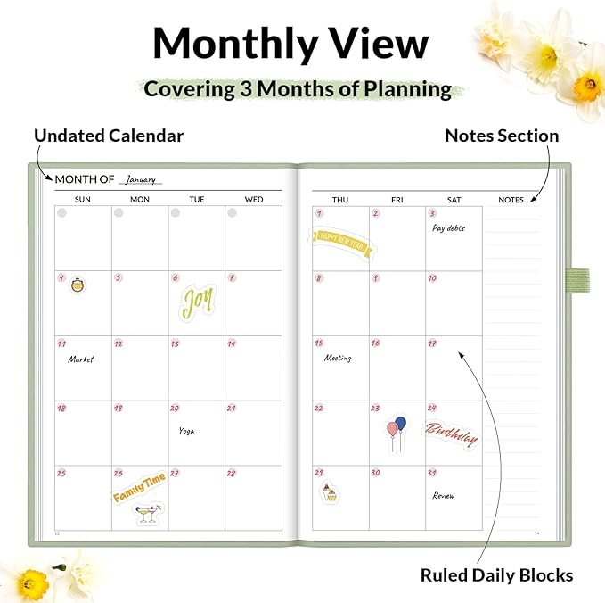 SUNEE Adhd Daily Planner for Adults,3-Month Undated Daily Weekly Monthly Planner for Productivity, Goal Setting, Time Management, Work & Life - for Men & Women,Vision Board + Stickers,Sage Green