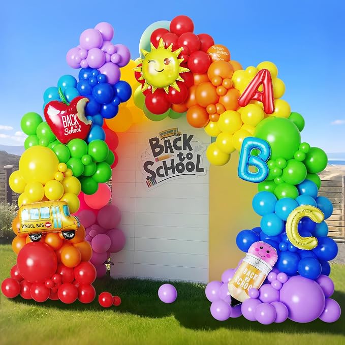 Welcome Back To School Balloon Arch Kit,158Pcs Rainbow Balloon Garland with Sun,Apple,School Bus,Pencil,ABC Foil Balloons for Kindergarten Graduation First Day of School Classroom Party Decorations