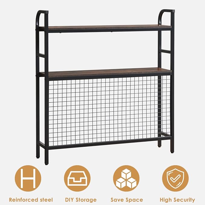Desk Shelf, 36.8” Desktop Organizer Shelf with Grid Panel and Hooks, Desk Hutch for Computer Monitor, 2 Tier Desk Display Rack Wood Desktop Bookshelf Storage for Home Office Dorm