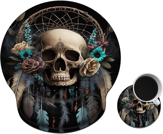 Mouse Pad with Wrist Support Gel, Ergonomic Mouse Pad with Comfortable Wrist Rest, Gaming Mousepad Non-Slip PU Base for Laptop Office Easy Typing & Pain Relief,Dream Catcher Skull
