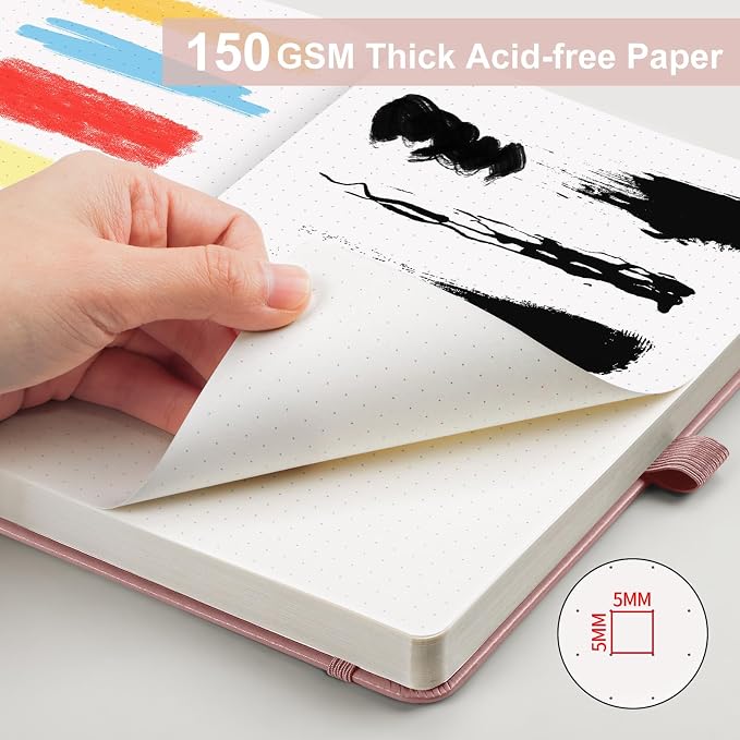AHGXG Dotted Journal - 150 GSM Dot Grid Notebook Journal, Thick Acid-Free Paper, A5 Dotted Notebook 128 Pages, Leather Hardcover, Inner Pocket, Journal Stencil, 5.7'' × 8.3''