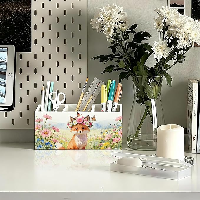 Fox Pen Pencil Holder for Desk Accessories, Fox Gifts for Women, Animal Lovers Gifts, Rustic Butterfly Flower Wild Animal Wooden Box Sign Decorations for Kids Room Home Office Desk Tabletop