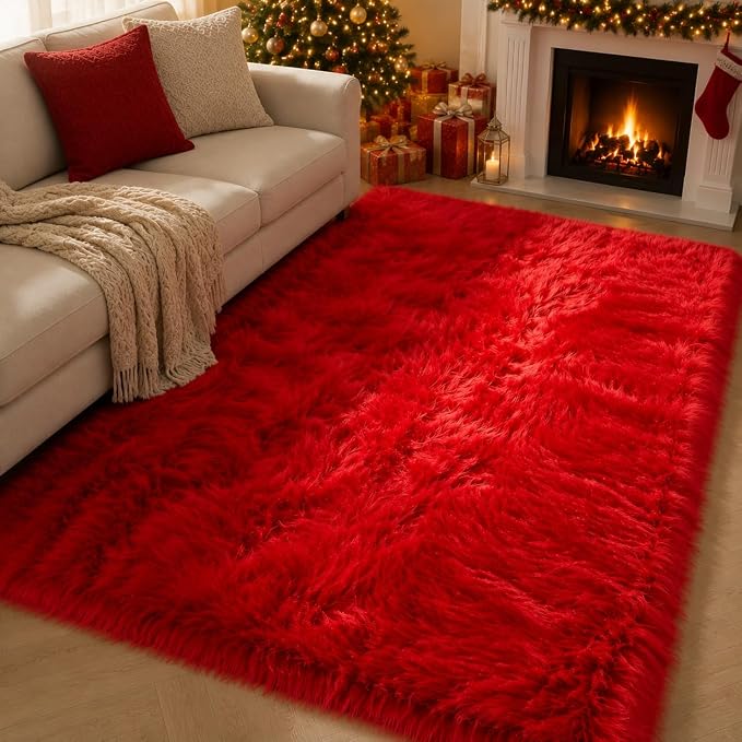 EasyJoy Ultra Soft Faux Fur Rug Fluffy Sheepskin Rug for Bedroom Living Room Sofa Bedside Floor(4 x 6 ft Rectangle, Red)