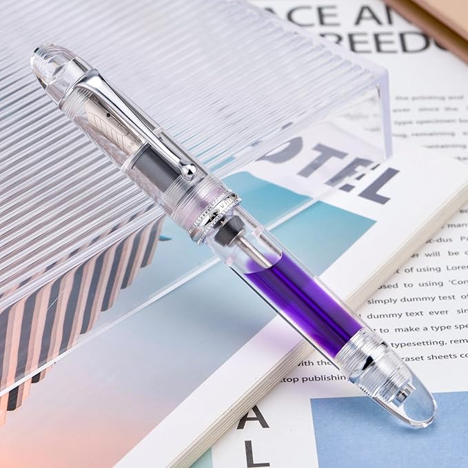 Asvine V800 Fountain Pen - Vacuum Filling System with Large Ink Capacity - Smooth Number 8 Extra Fine Nib with Gift Case and Wrench - Clear Silver Acrylic