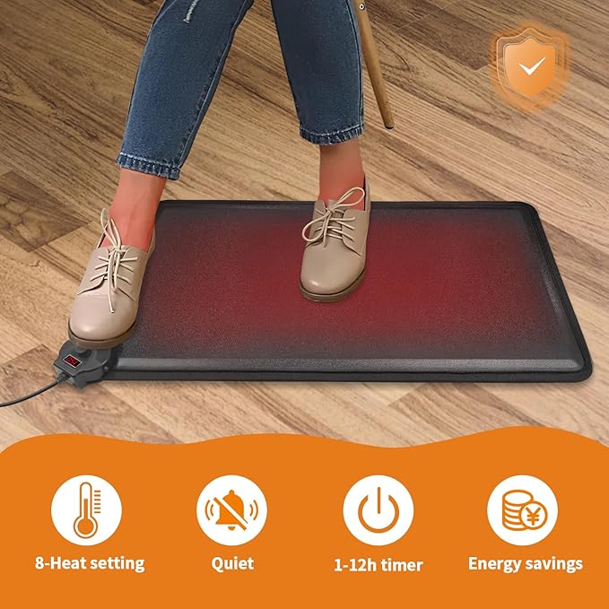 Heated Anti Fatigue Mat - Warming Comfort & Durable Standing Mat at Home, Kitchen, Office, Heating Standing All Day Non Slip Floor Mats for Winter - Easy to Clean, Waterproof - Black