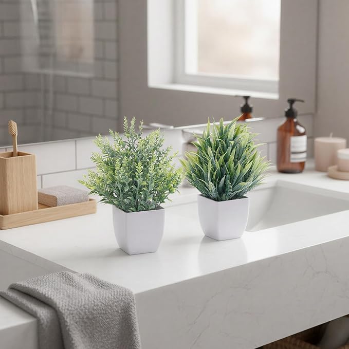CEWOR Fake Plants 4 Packs Small Artificial Plants Mini White Potted Greenery Bathroom Accessories Decorations for Desk Bathroom Office Home Room Kitchen Table Decor Indoor