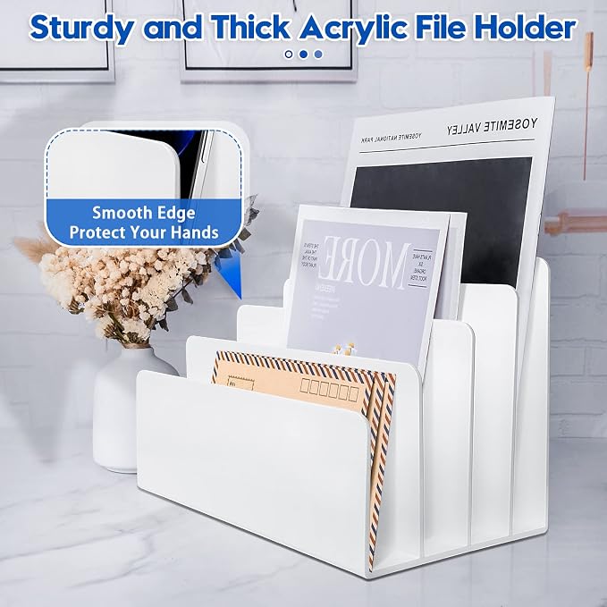 4 Section White Acrylic Desk Organizer and Accessories, Sturdy & Thick Acrylic File Folder Holder Sorter, Office Supplies for Mail, Letters, Paper, Electronics