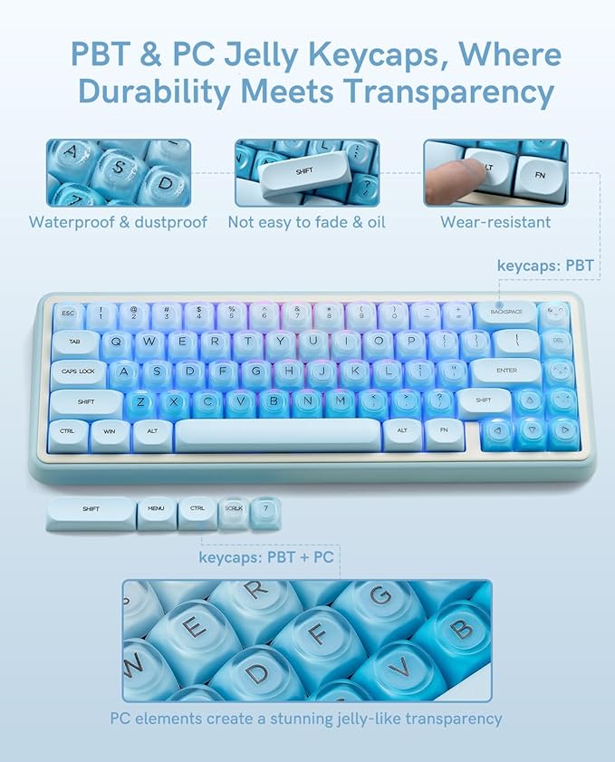 132 Keys PBT Keycaps, Jelly Keycaps Cute Creamy Key caps MOA Profile, MX-Compatible for 61/68/84/87/98/100/104-Key Mechanical Keyboard(Not Included), Blue