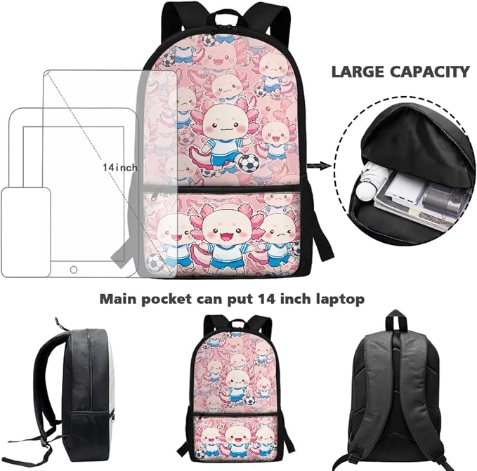 WELLFLYHOM 4Pcs Soccer Axolotl School Backpack for Girls 6-8 Cute Book Bag | Pink Bookbag Kids Schoolbag with Lunchbox Pencil Case Water Bottle Sleeve Girls School Back Pack