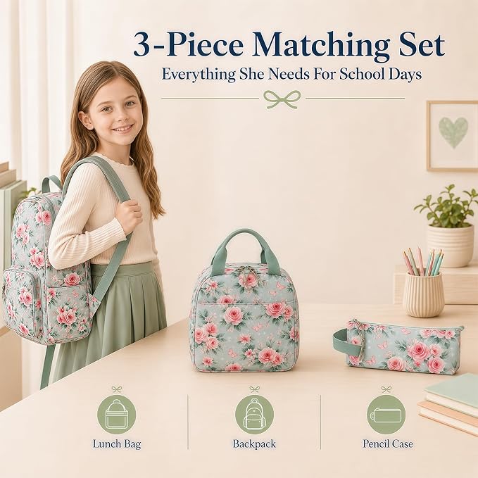 Bluboon Teens Backpack Set Girls School Backpack Lunch Box Pencil Bags Student Bookbags 3 in 1 (Pink Bow Rose)