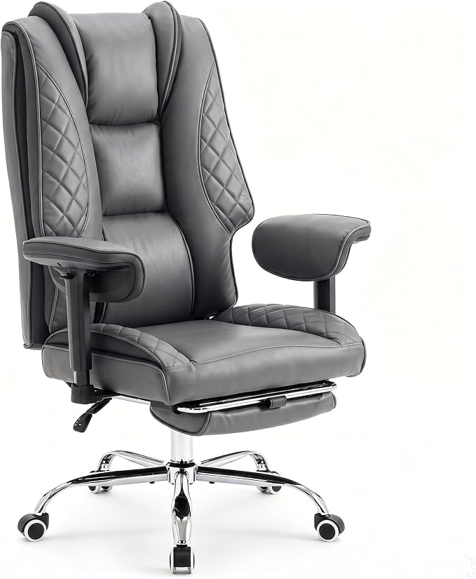 Big and Tall Office Chair，Heavy Duty Wide Executive Office Chair(Grey) | Breathable Leather，Double-layered Backrest，Seat Cushion Designed of Deluxe Embroidery Leather，Foot Rest, Adjustable Armrests