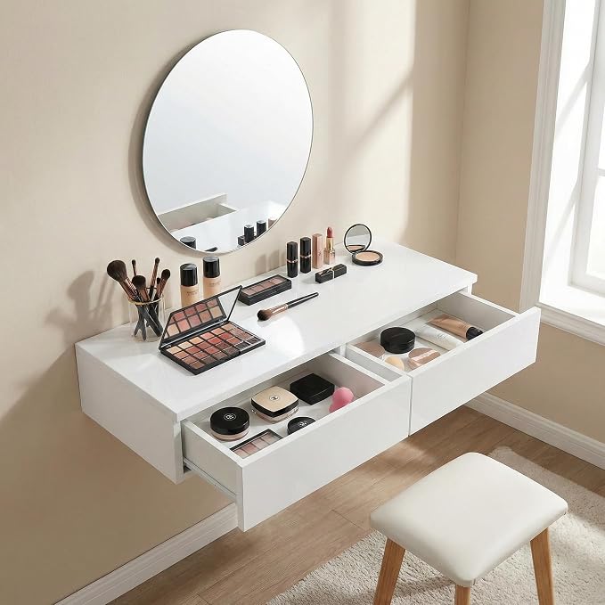 Wall Mounted Floating Vanity Desk with 2 Storage Drawers Modern MDF Makeup Table 39.4 x 15.7 x 5.9 in (100 x 40 x 15 cm), Space-Saving Makeup Table for Bedroom or Small Spaces (White)