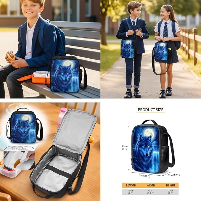 Wolf Backpack with Lunch Bag for Kids 6-8, Boys Cool Mochilas Bookbag Personalized 4 Pcs Set with Lunch Box Pencil Pouch Water Bottle Holder Back-to-School Supplies