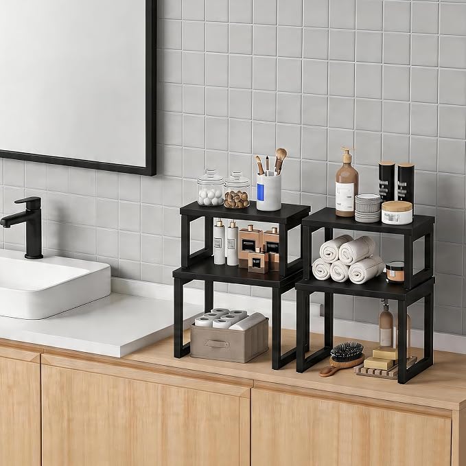 HOOBRO Cabinet Organizer Shelf, Set of 2 Kitchen Counter Shelves, Expandable Kitchen Storage, Stackable Bamboo Spice Rack, for Kitchen, Countertop, Office Desk, Living Room, Black BK20TL01