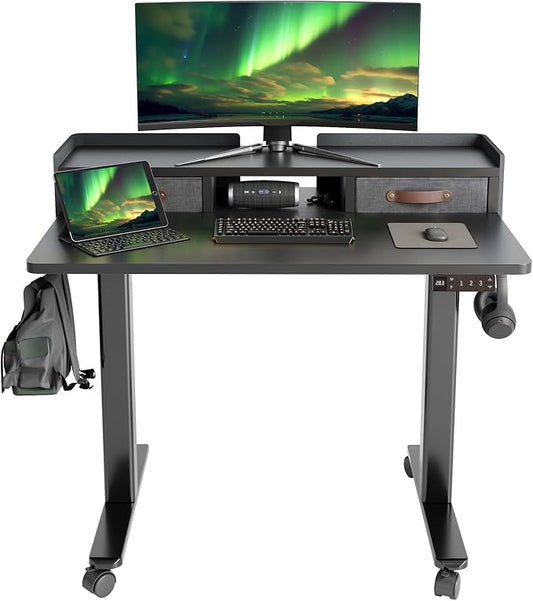Claiks Standing Desk with Drawers, Adjustable Stand Up Electric Small Standing Desk Adjustable Height with Storage Shelf and Splice Board, 40 Inch, Black