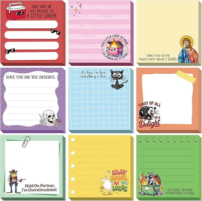 9 Pads Funny Sticky Notes 3x3 Inch Cute Self Stick Notepads Notes Adhesive Memo Pad Office Decor Gifts for Students School Teacher Meeting Office Supplies