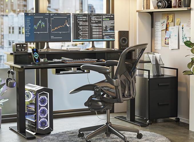 FEZIBO 63 x 28 Inch Deeper Height Adjustable Electric Standing Desk with Double Drawers, Sit Stand Up, Home Office Computer Desk with 4 Height-Adjustable Feets & 2 Hooks, Black Frame/Black Top