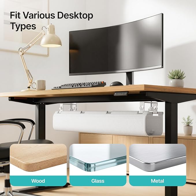No Drill Under Desk Cable Management Tray, 31.5" Fabric Organizer | Clamp/Screw Premium Mount Cord Holder, for Power Strips, Adapters, with 2 Hooks & 1 Tie Roll for Home Office Gaming, White