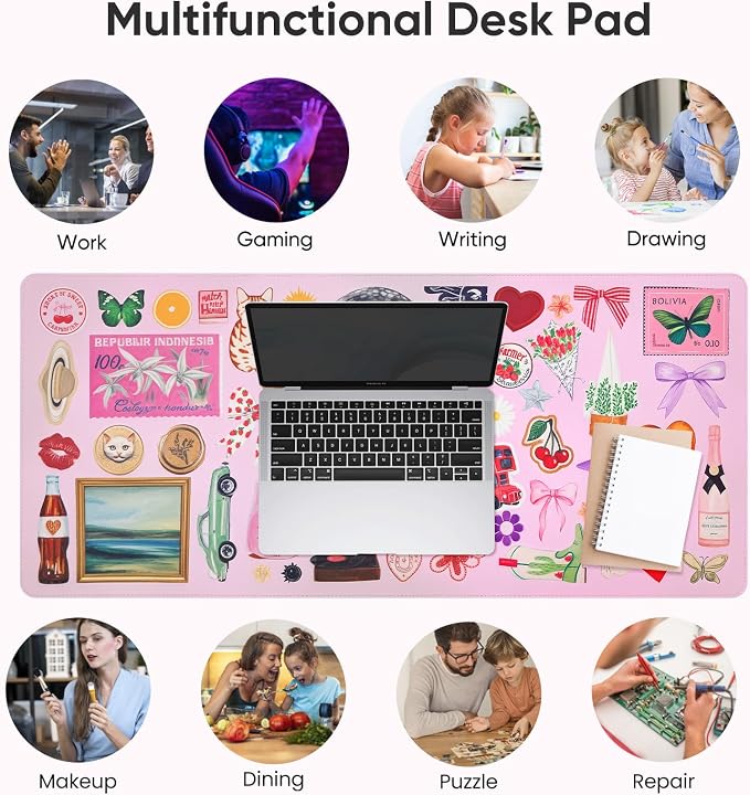 Pink Desk Mat, Leather Desk Pad Blotter Protector, XXL Large Mouse Pad,Computer Laptop Mouse Pads for Desktop,Waterproof Writing Anti-Slip Mousepad for Office and Home I Colorful Stickers