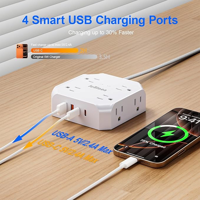 Multiple Outlets Surge Protector Power Strip, 15ft Braided Long Extension Cord with 4 USB Charging Ports(2 USB C) Flat Wall Plug Outlet Heavy Duty Charging Station for Home College Dorm Essentials