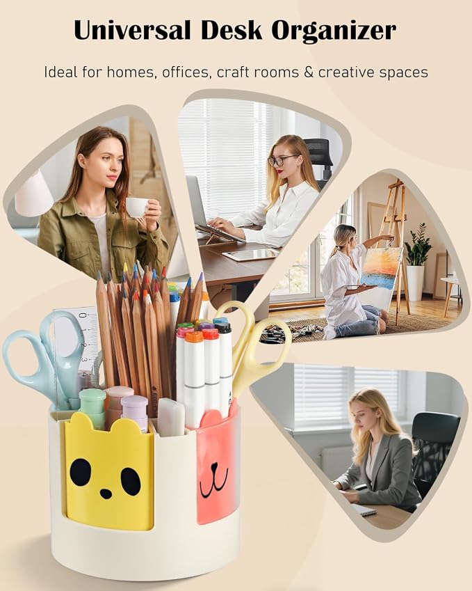 Uniclife 360° Rotating Pen Holder for Desk, 13 Slots Rotating Pencil Holder with Stickers, 360 Degree Spinning Desk Organizer, Cute Desktop Stationery Organizer Marker Organizer Art Supply Organizers
