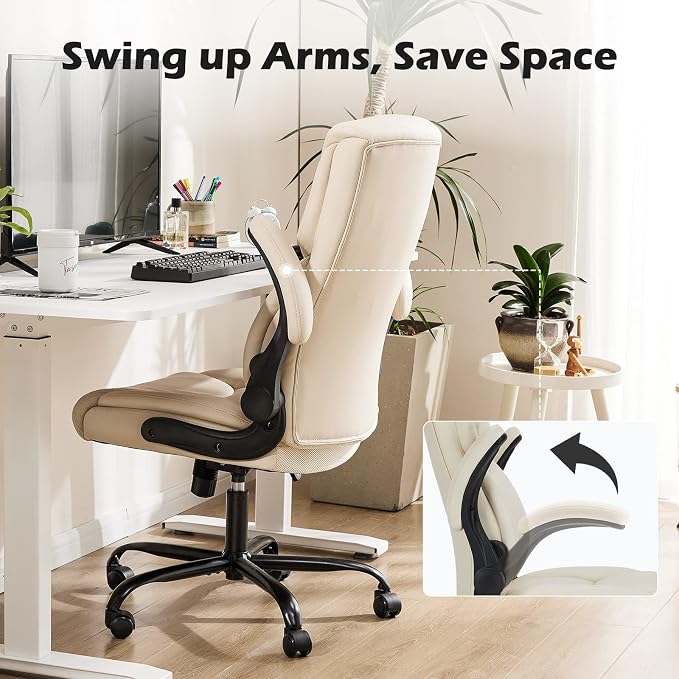 DUMOS PU Leather Office Chair - Ergonomic Executive Computer Desk Chairs with Adjustable Flip-up Armrest, Swivel Task Chair with Lumbar Support, Strong Metal Base, Cream White