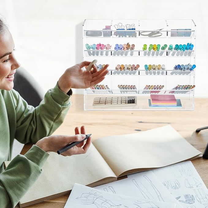 MotiMind Acrylic Pen Organizer Storage for 200 Marker Vertical Marker Organizer Acrylic Pen Display Holder for Office Desk Desktop Stationery Pencil Storage, Clear, 13 x 5 x 10.2 Inch