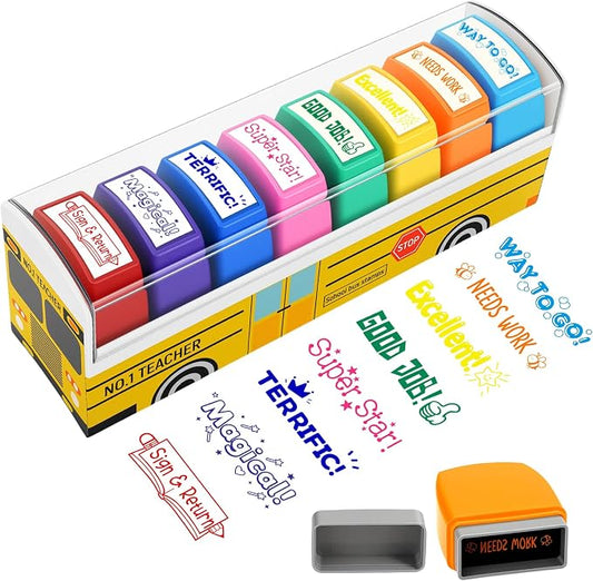 Teacher Stamps for Grading, Teacher Appreciation Gifts, School Bus Self Inking Teacher Stamps Set for Classroom, Back to School Supplies, Motivational Reward Stamps with Sign Return Good Job (8 Pcs)