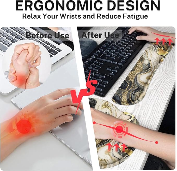 Britimes Marble Abstract Black Gold Glitter Ergonomic Mouse Pad Set with Wrist Rest Non-Slip Rubber Base Wrist Cushion Support and Coasters Mousepad with Wrist Support for Computer Keyboard and Desk