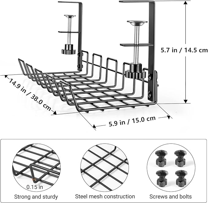 Under Desk Cable Management Tray L 14.9'' W 5.9'' | Under Desk Cable Organizer Rack, No Drill Wire Cord Tray for Home Office Workstation, PC, Computer, Desktop & Laptop