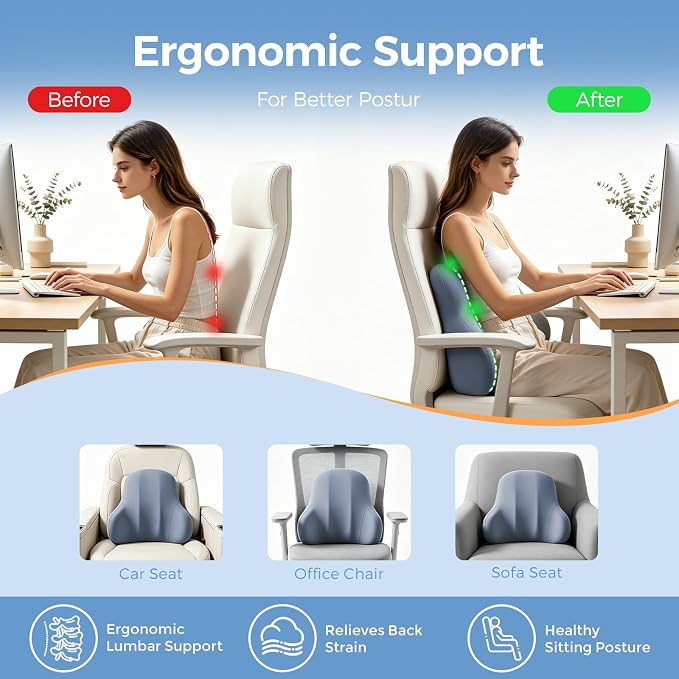 BABUR Ergonomic Memory Foam Lumbar Support Pillow for Car, Back Pain Relief | Ergonomic 100% Memory Foam, Back Pain Relief, Comfort Lower Back Support for Office Chairs, Car Seat, Wheelchair