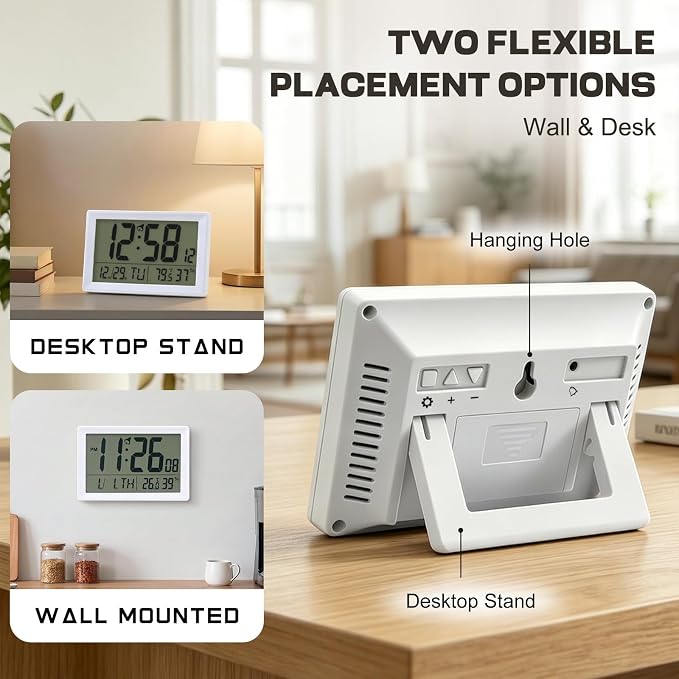 Digital Wall Clock Battery Operated with LCD Display, 6.5” Small Digital Clock with Seconds/Temperature/Humidity/Snooze - 12/24H, Digital Alarm Clocks for Bedrooms, Living Room, Office, Gym
