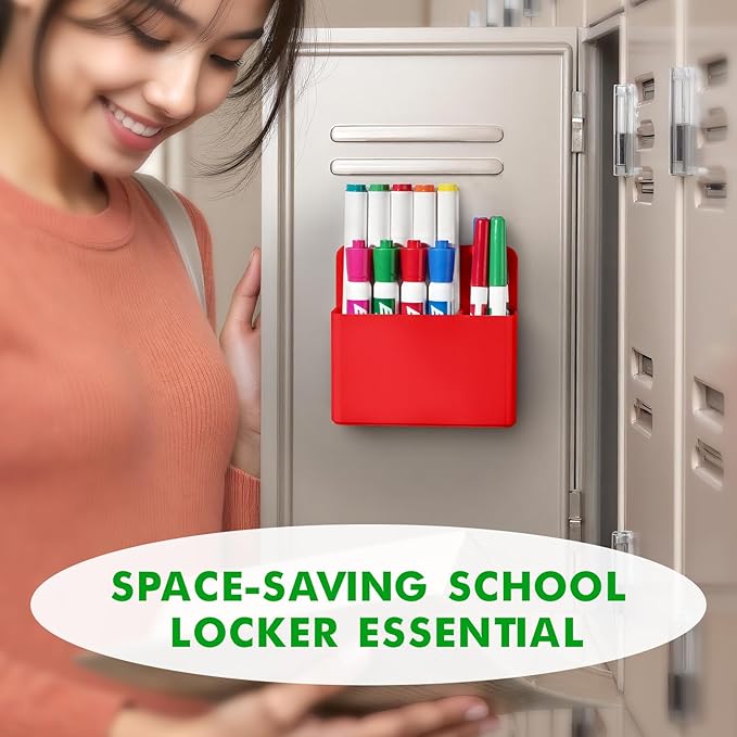 2 Pcs Magnetic Dry Erase Marker Holder for Whiteboard, Plastic Magnetic Pen Holder for Refrigerator Fridge, Magnet Pencil Cup for School Classroom, Locker Accessories, Pen Cup Organizer-Red