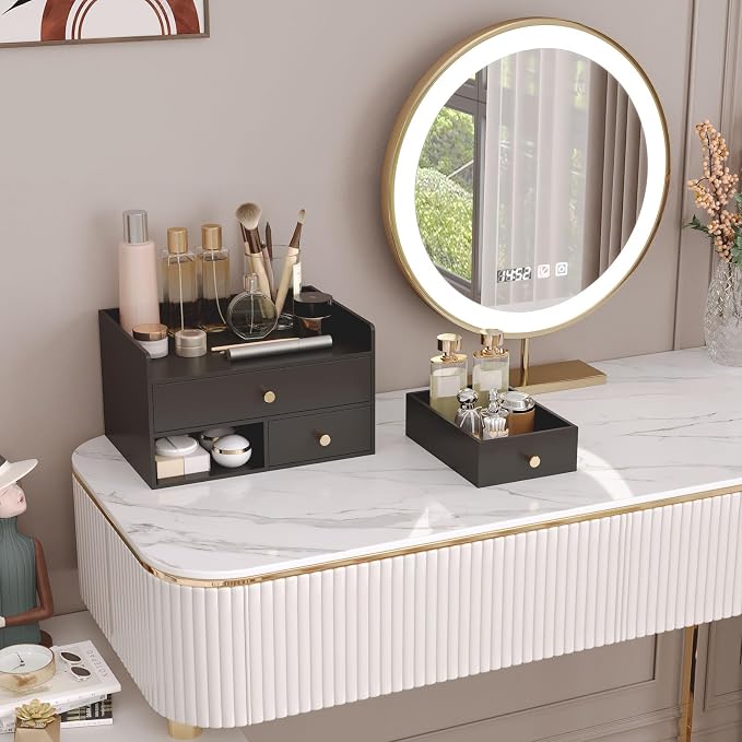 Bamboo Desk Organizer with Drawers,Wooden Desktop Storage (3 Drawers,Black) | 100% Bamboo 3 Pull-Out Drawers No Assembly Required Space-Saving Design