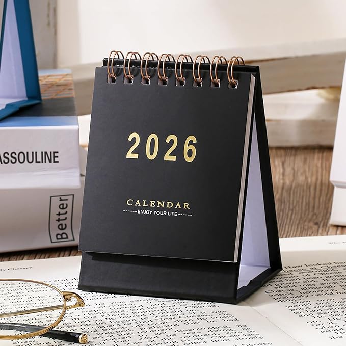 Mini Desk Calendar 2026, Standing Flip Small Desk Calendar- Jan 2026 to Jun 2027 Monthly Desktop Calendar- Thick Paper Twin-Wire Binding for Home or Office (Black)