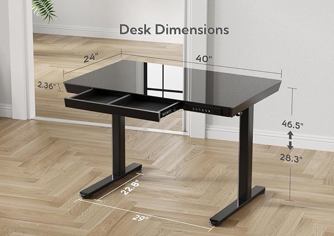 Claiks Glass Standing Desk with Drawers & USB Ports 40x24 Inch, Black | 3 Steps Quick Install, 2 Zones Drawer, USB Ports, Ultra White One-Piece Glass Top, Writable Top