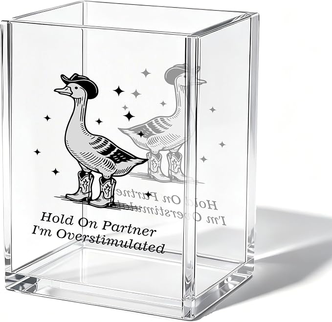 Funny Cowboy Goose Office Acrylic Cosmetic Pen Pencil Holder Cup, Hold On Partner Im Overstimulated Pencil Organizer, Humor Unique Desk Accessories, Sarcastic Gifts for Women Men（A51）