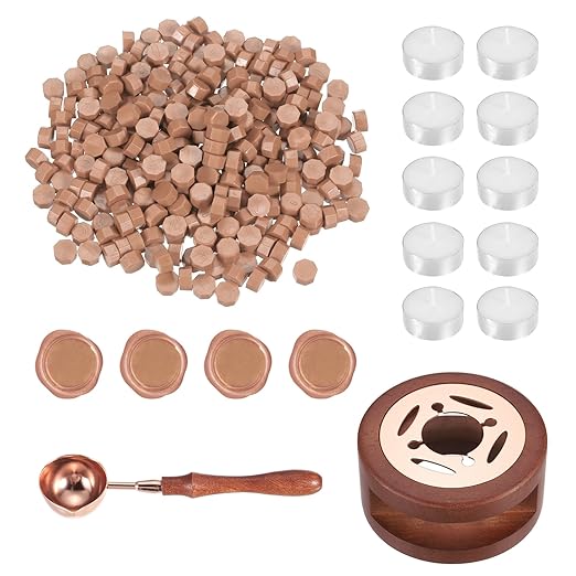 PATIKIL Wax Seal Kit, 300 Pcs Wax Sealing Beads, Wooden Warmer, Melted Spoon, 10 Pcs Tealight Candles for Envelope Letter Mailing Crafts DIY, Apricot Skin