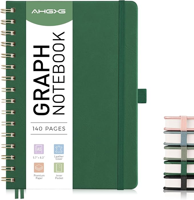AHGXG Graph Paper Notebook - Spiral Notebook Hardcover Leather Journal 140 Pages, A5 Grid Paper Notebook 5.7" x 8.3", 100 gsm Thick Paper, for School Writing Graphing Engineering, Green