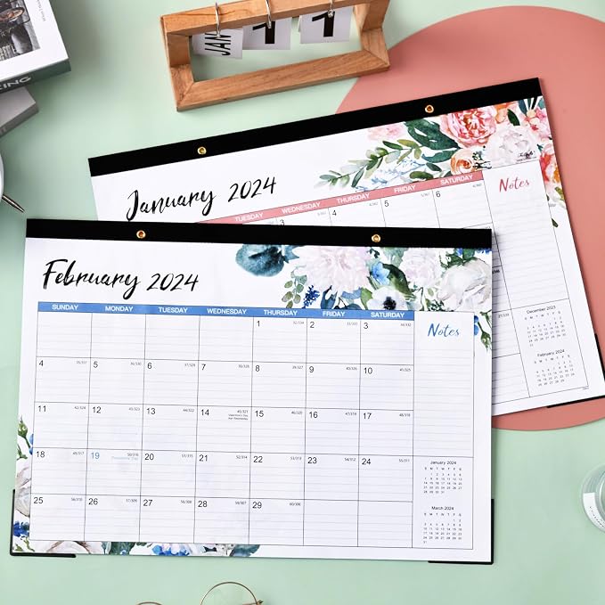 2024 Desk Calendar - Desk Calendar 2024,12 Monthly Desk/Wall Calendar 2-in-1, 16.8" x 12", January 2024 - December 2024, Thick Paper with Corner Protectors, Large Ruled Blocks - Blue Floral