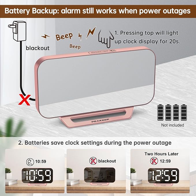 Peakeep Slim Digital Mirror Aesthetic Alarm Clock for Bedrooms Desk Decor | Plug in Electric Big LED Modern Small Clock for Office Living Room, Battery Backup, 6 Dimmers (Rose Gold)
