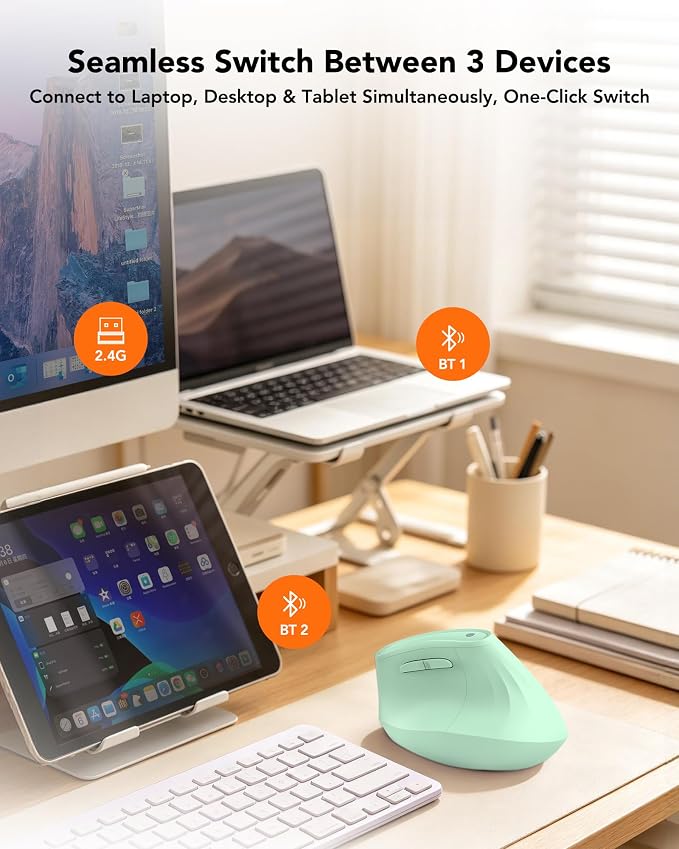 KYSONA Ergonomic Mouse Wireless, Bluetooth Vertical Mouse, 5-Level Adjustable DPI, 2.4G Silent Switch Mice for Windows, MacOS, IPadOS, Laptop, PC, Green