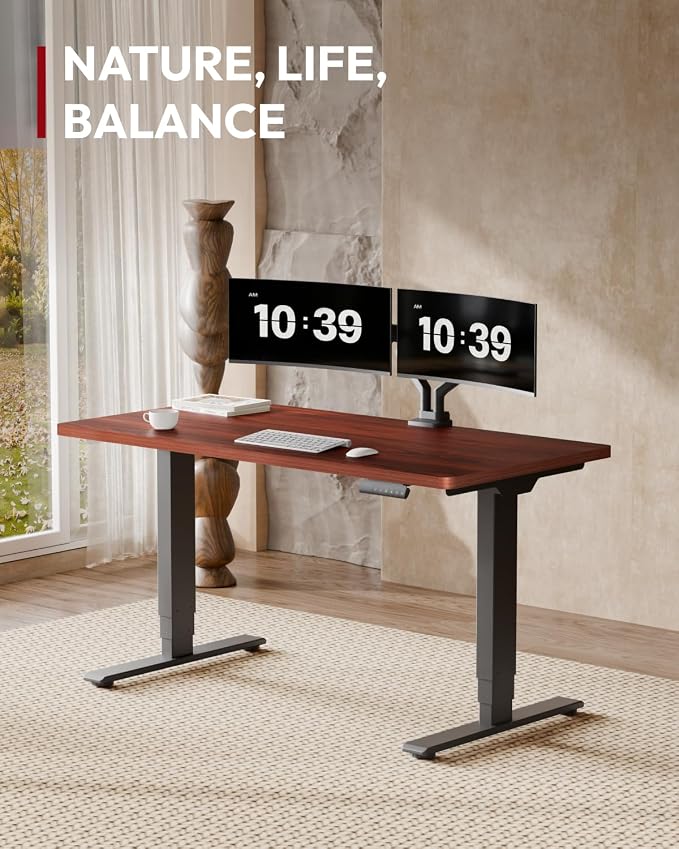 SANODESK Dual Motor Standing Desk 220lbs Height Adjustable Desk | 55"x28" Spacious One-Piece Mahogany Desktop & Black Frame, 4 Memory Presets, 3-Stage Legs, 220lbs, 2-Box for Home & Office