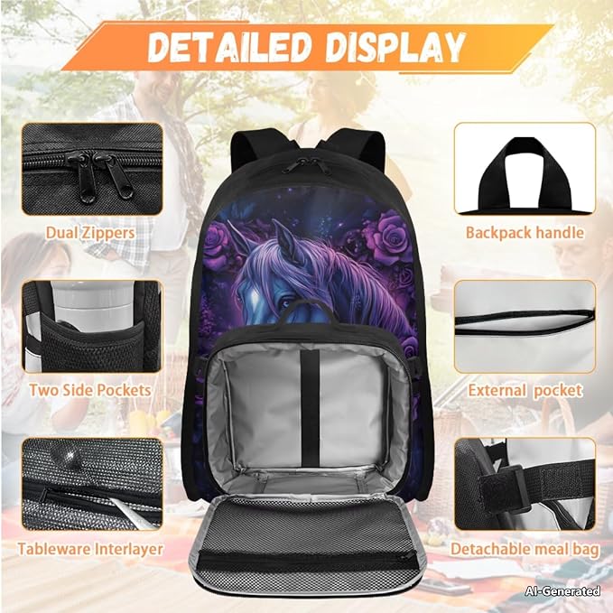 Doojoayie Horse Backpack for Girls with Lunch Box 3D Animals Print Bookbag for Teen Girls Primary School Backpack for Kids Back to School Bags as Gifts for 1st Grade Student