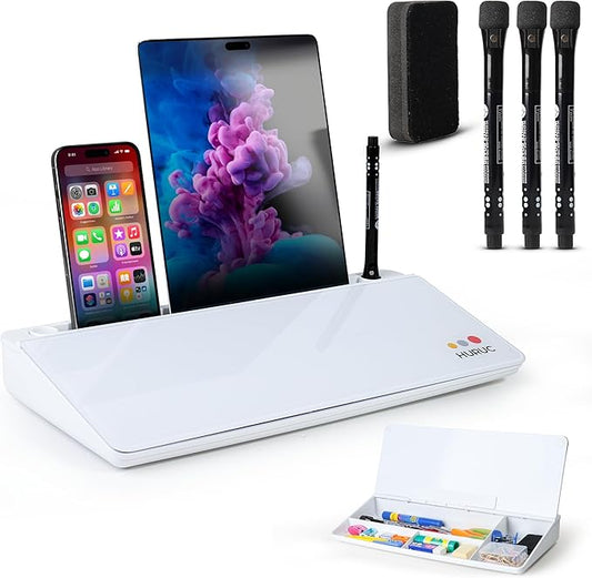 Small Glass Desktop Whiteboard with Storage,15.3"x7.08"x2.16" inch Desk White Board with Markers & Duster, Desktop Dry Erase Board, Desk Buddy Organizer for Home, Office, School (White)