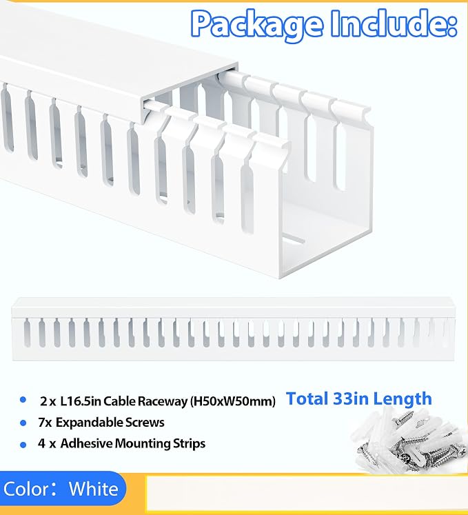 2" H x 2" W Cable Raceway, 33in Under Desk Wire Management Channel, White | Slotted Wire Duct, 2Pack, 16.5in Each, Heavy-Duty PVC Cable Management for Server Racks, Network Cables & Electrical Cabinets