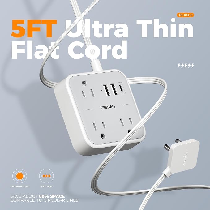 TESSAN Ultra Thin Flat Extension Cord 5 FT, Slim Power Strip with USB Ports (1 USB C), Surge Protector Flat Plug Wall Charger with 3 Outlets for Office, School, Dorm Room Essentials